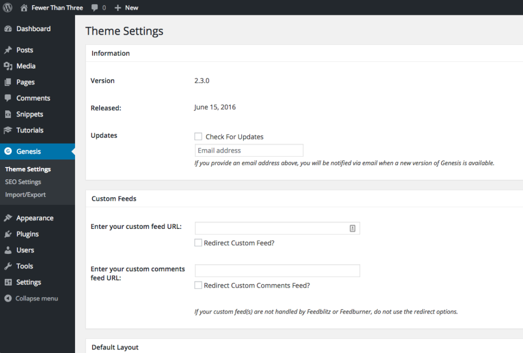 The Theme Settings page for the Genesis Framework